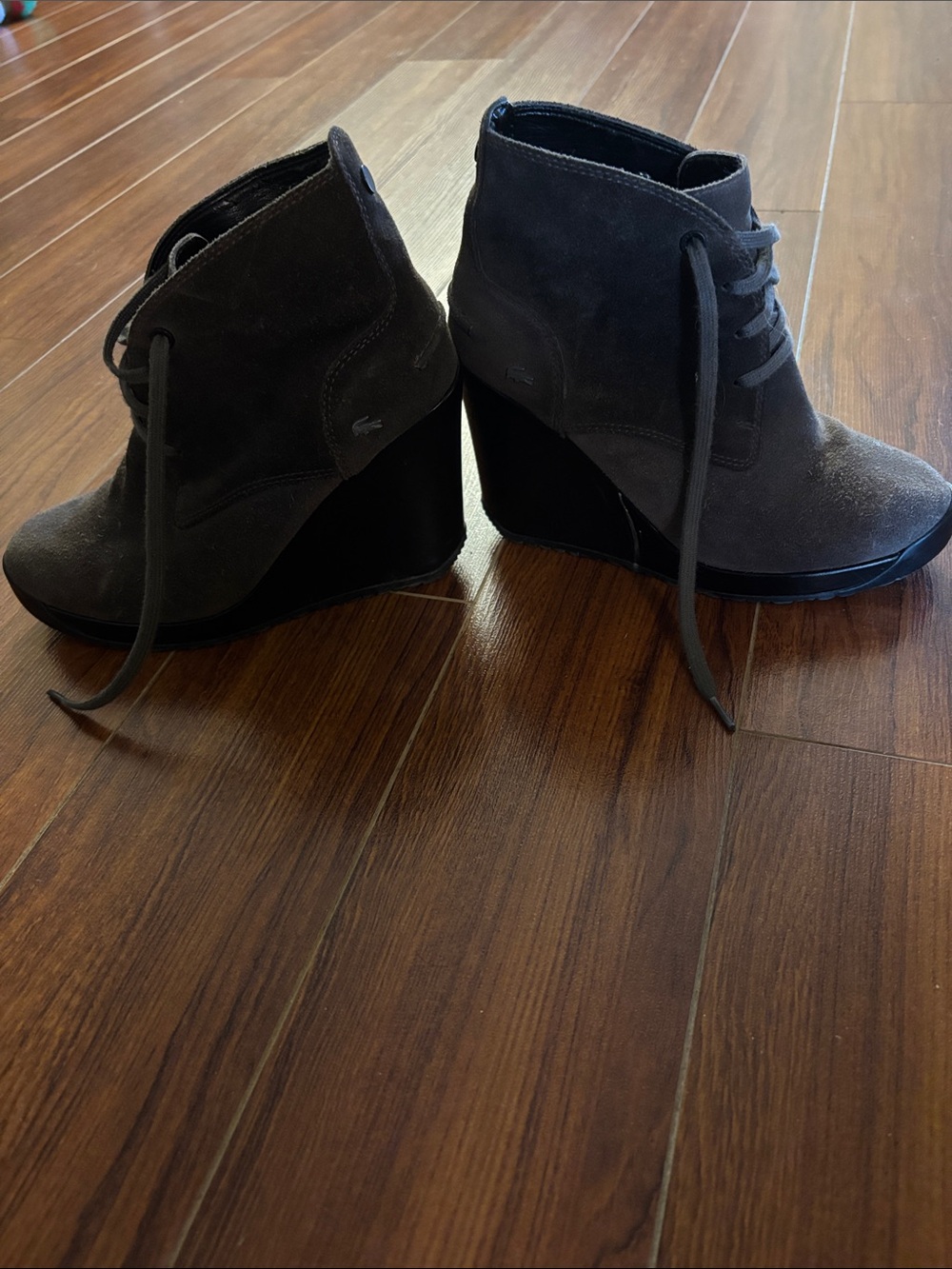 Lacoste Gray Suede Lace-Up Wedge Booties